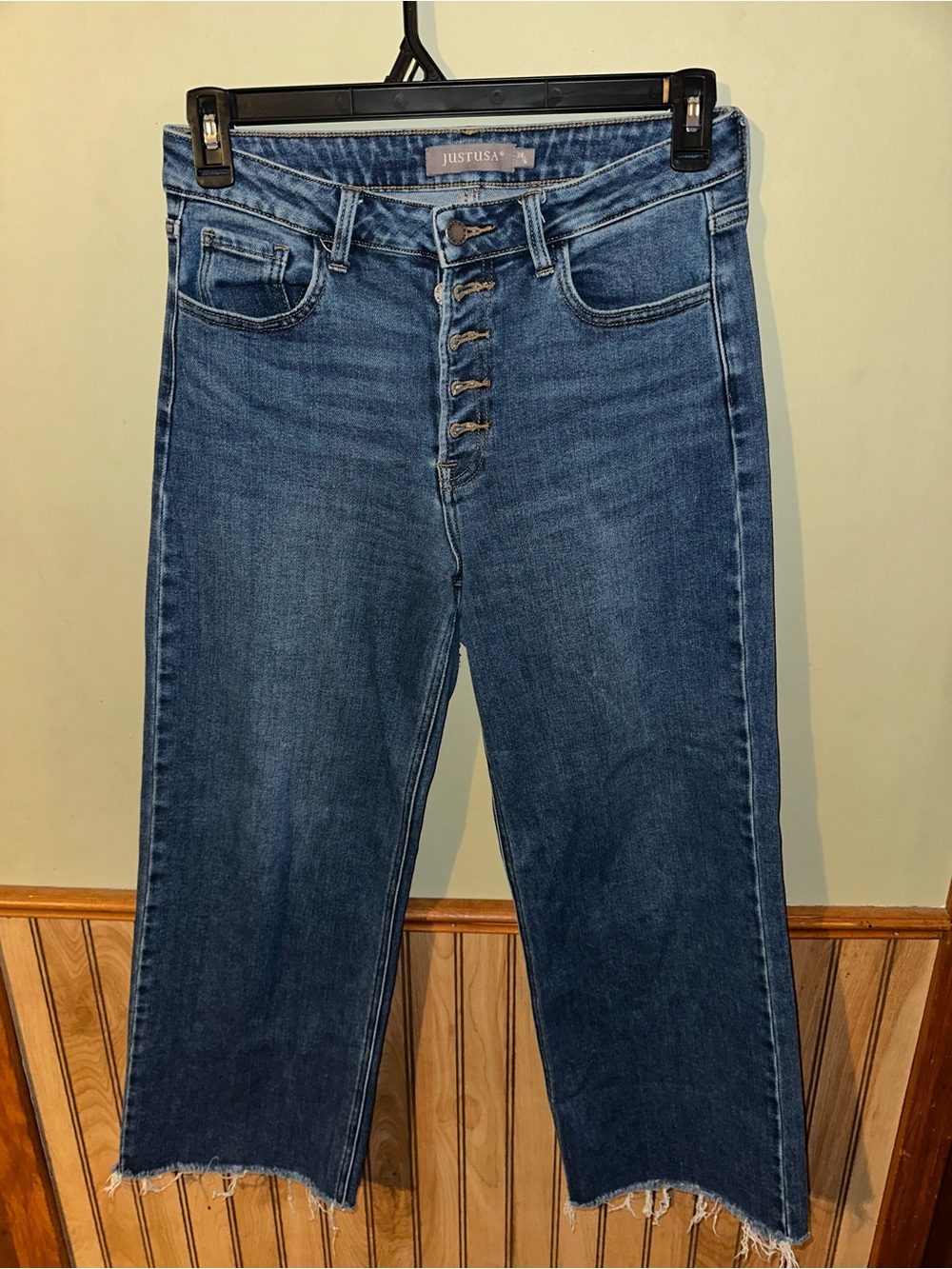 Just USA Men’s Blue Straight-Leg Button-Fly Jeans with Raw Hem